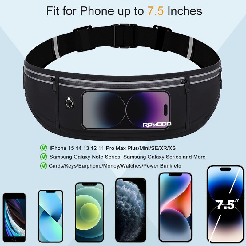 RDMODO Slim Running Belt，Water Resistant Fanny Pack for Women Men，3 Pocket Phone Holder for Running Walking Cycling，Adjustable Reflective Running Waist Bag for iPhone 16 15 14 13 Pro Max Samsung Black - Image 4